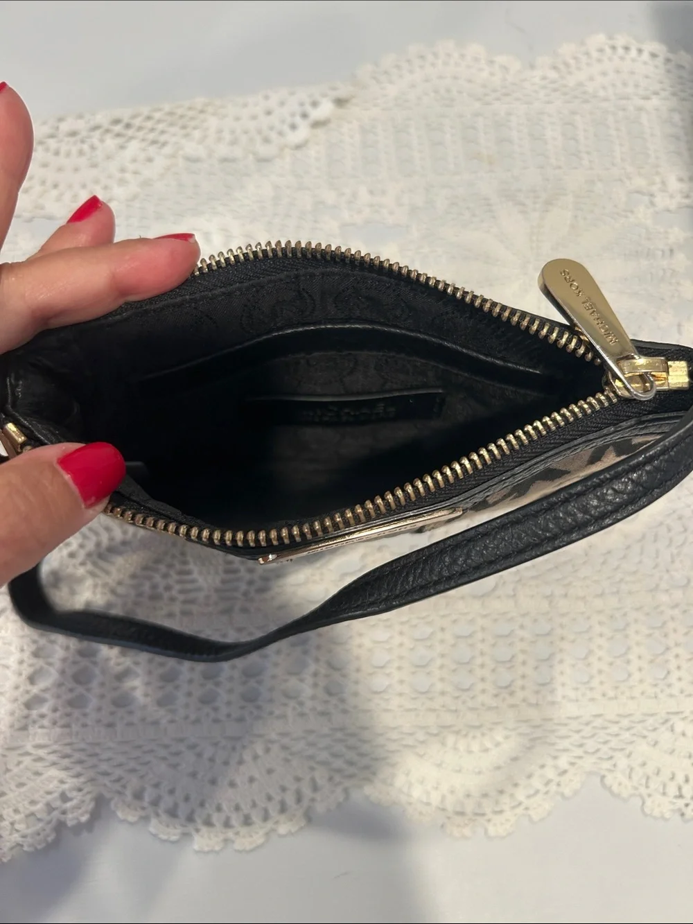 Michael Kors Black and Beige Logo Sequin Wristlet
